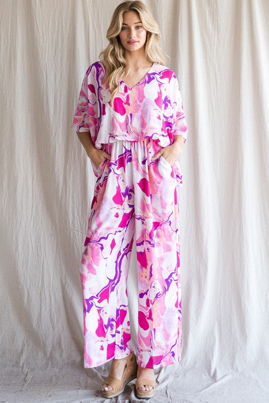 Swirl Print 1/2 Dolman Sleeves Jumpsuit