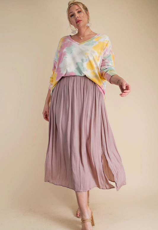 Deep Side Slit A-Line Skirt: Mauve