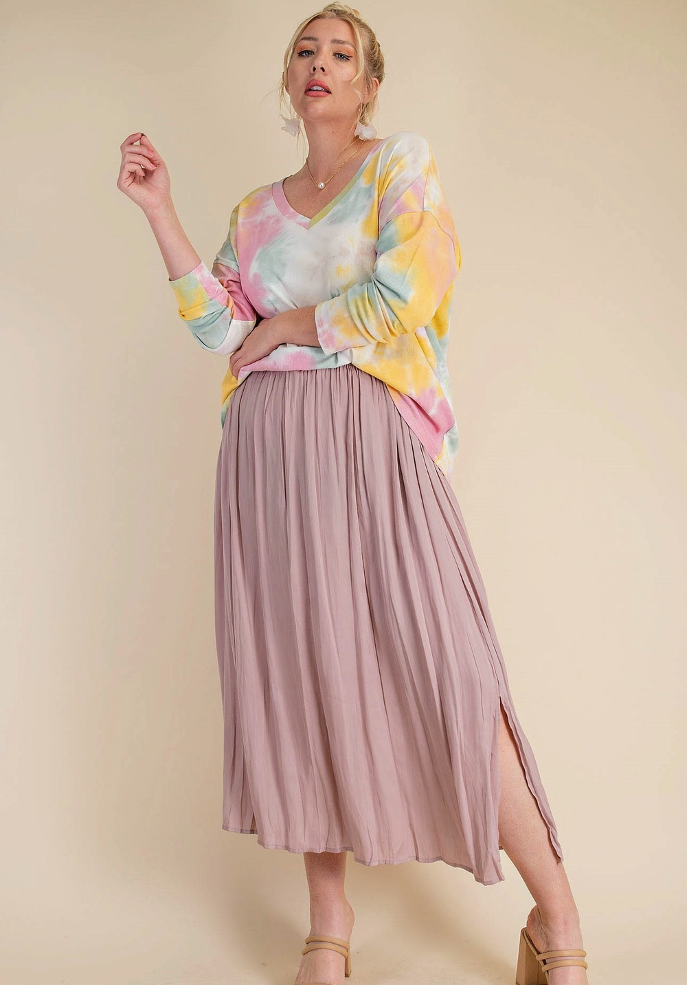 Deep Side Slit A-Line Skirt: Mauve